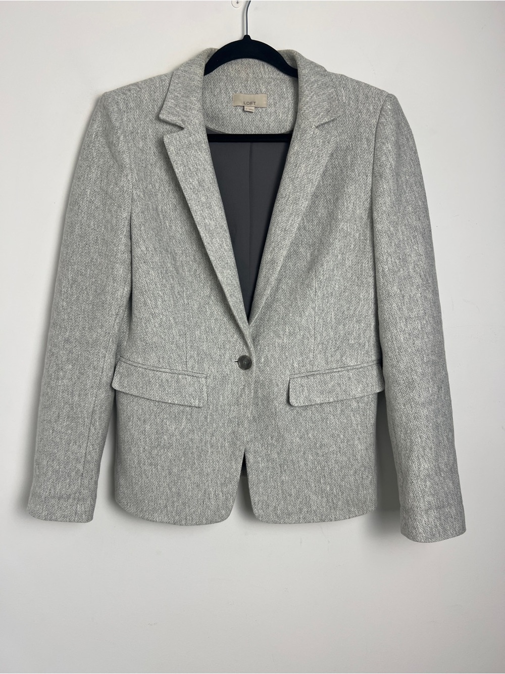 LOFT Size 6 Gray Herringbone Elbow Patch 100% Cotton 1-Button Equestrian Blazer
